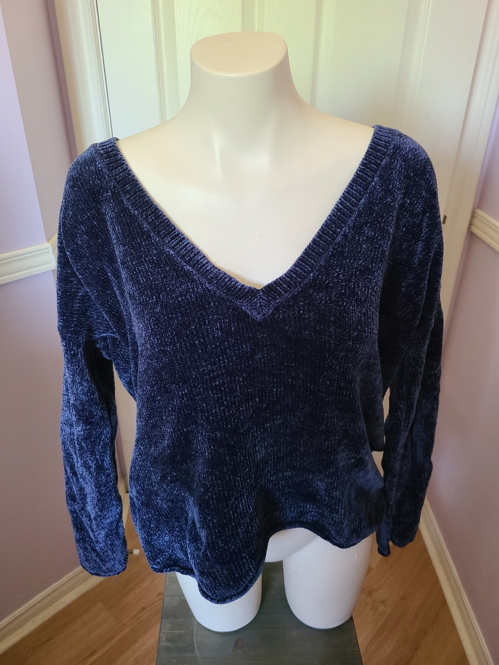 Garage Women's V-Neck Chenille Sweater in Navy Blue